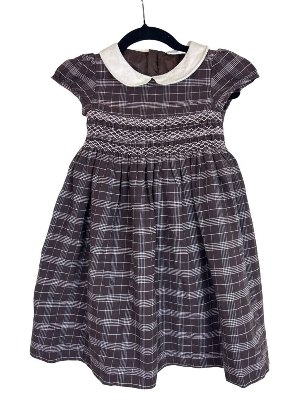 Vintage Charter Club Girl's 5 Dress Brown White Plaid Smocked Collared Preppy